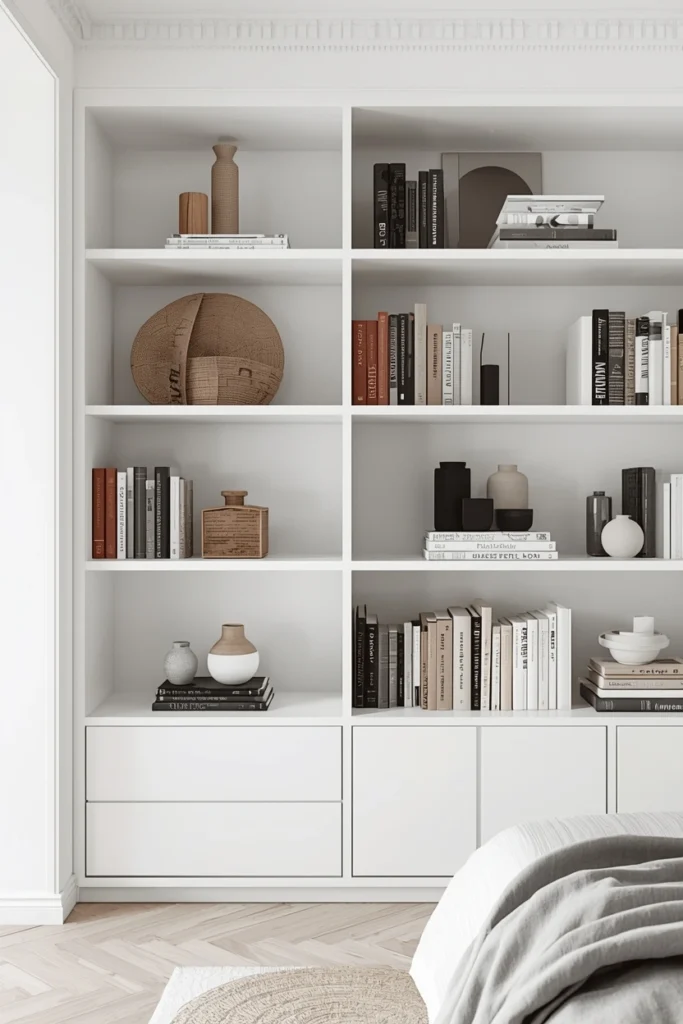 Minimalist Monochrome Bedroom Bookshelves