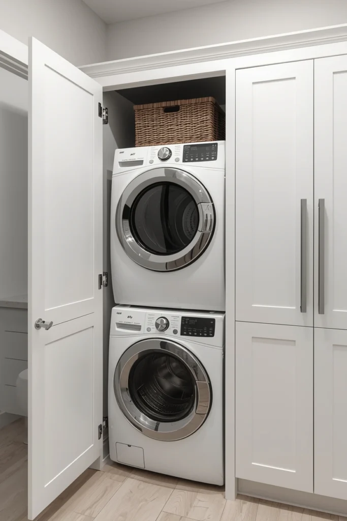 Laundry Room with Hidden Stackable Appliances