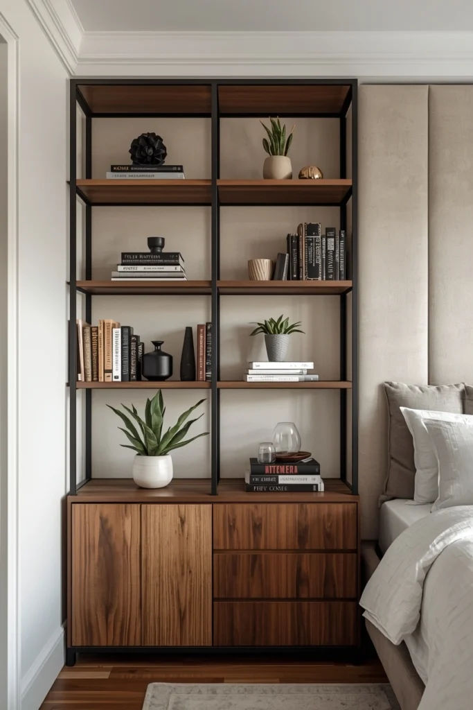 Mixed-Material Bedroom Bookshelves