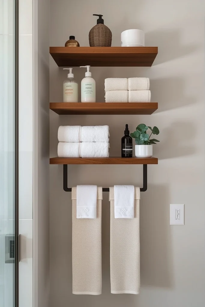 Floating Shelves with Integrated Towel Hanging