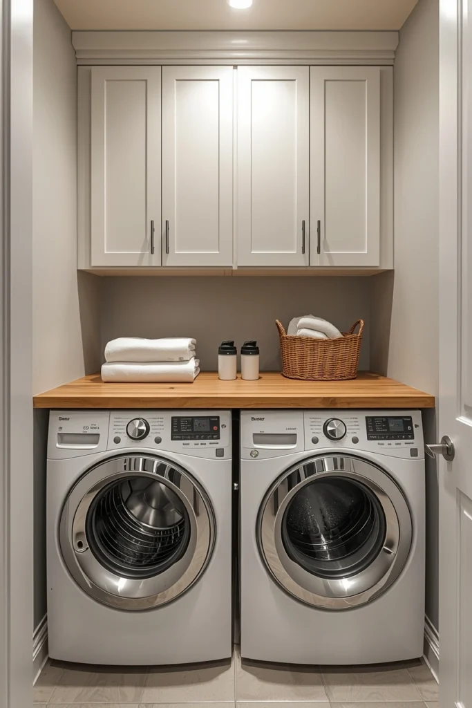 Laundry Room with Countertop Over Stackable Units