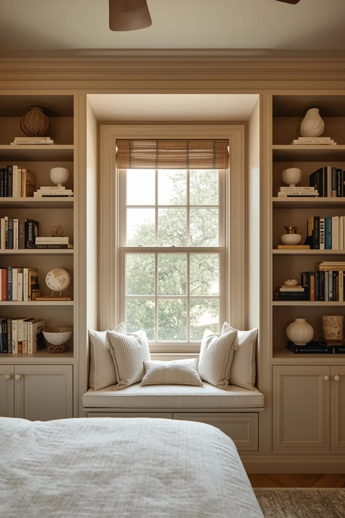 Window-Framing Bedroom Bookshelves