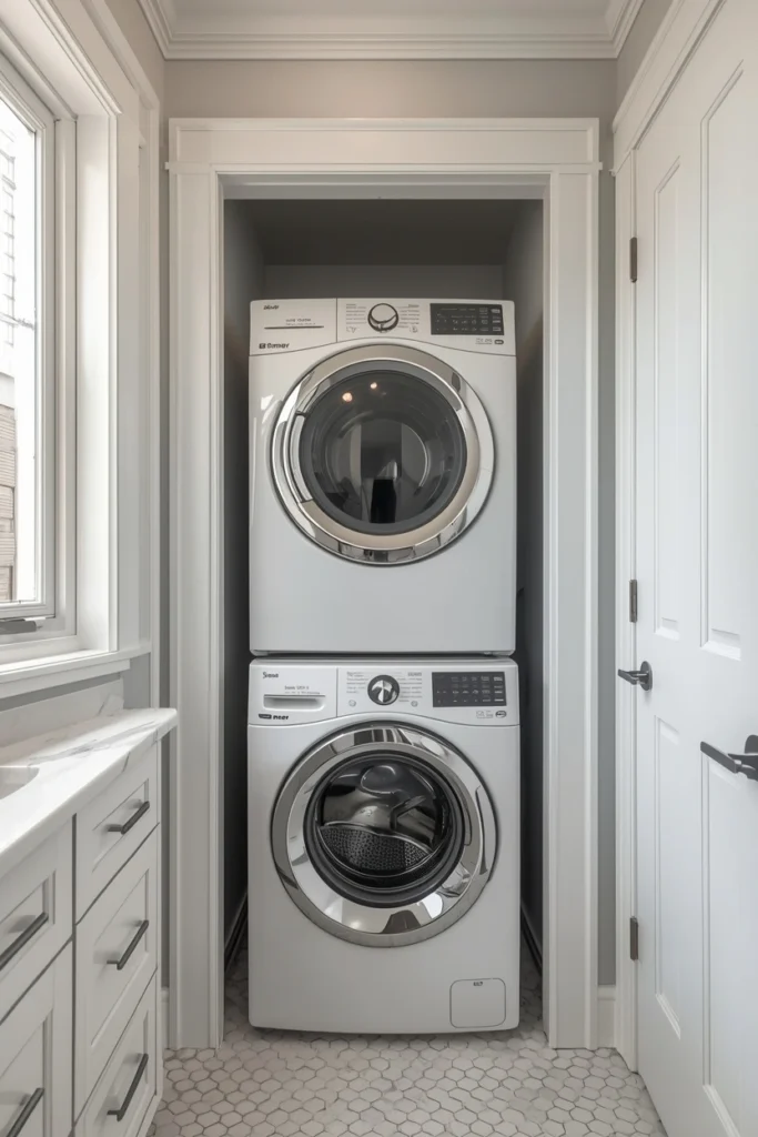 Stackable Washer Dryer in a Bathroom Laundry Zone