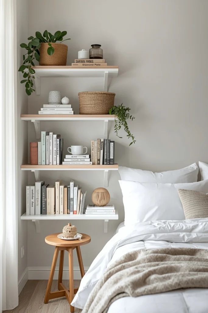 Open Shelf Bookshelves for an Airy Bedroom Feel