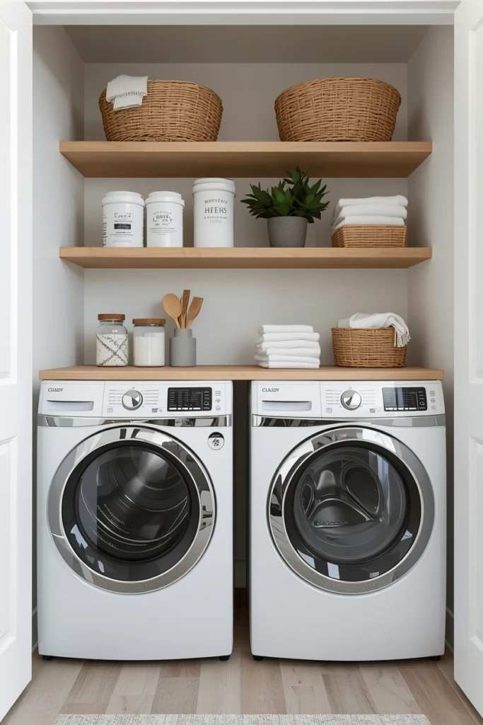 Open Shelf Stackable Laundry Setup