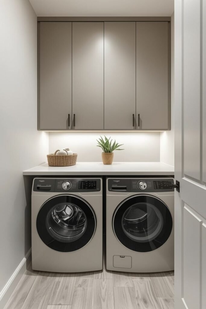 Minimal Laundry Room With Floating Cabinets