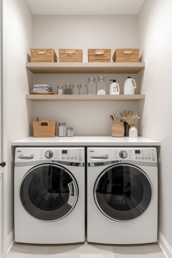Minimal Laundry Room With Open Shelving