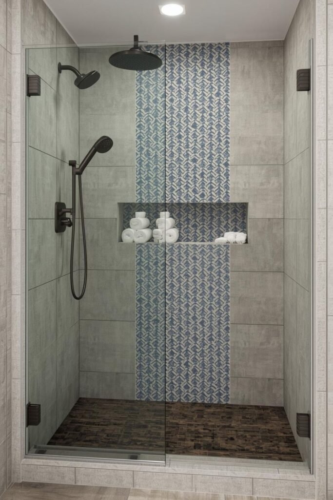 Walk-In Shower With Statement Tile Accent Wall