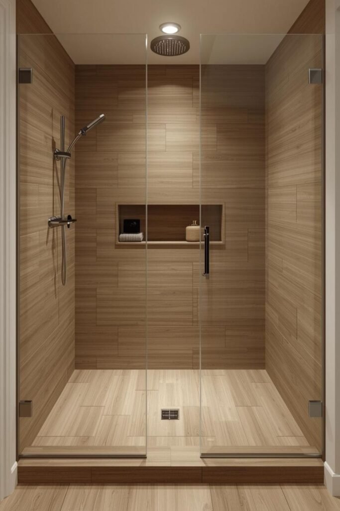 Walk-In Shower With Wood-Look Tiles
