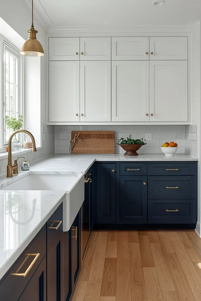 Classic White Upper Cabinets with Navy Blue Lower Cabinets