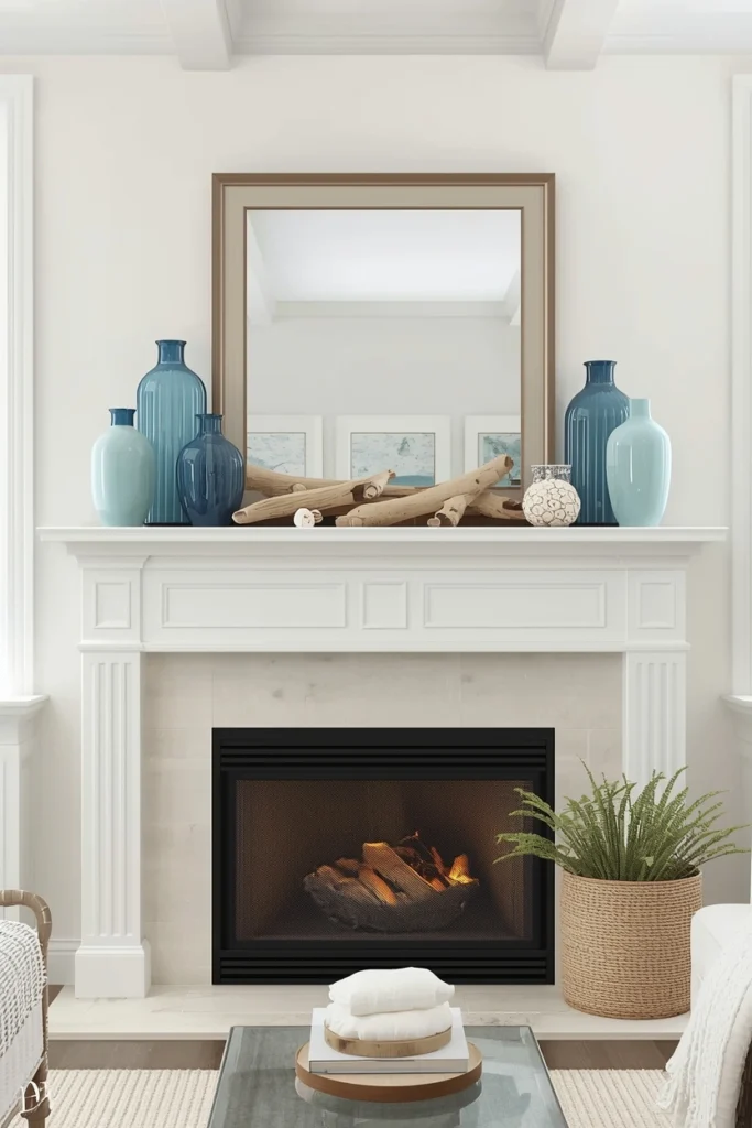 Coastal-Inspired Mantel with Driftwood and Blue Accents