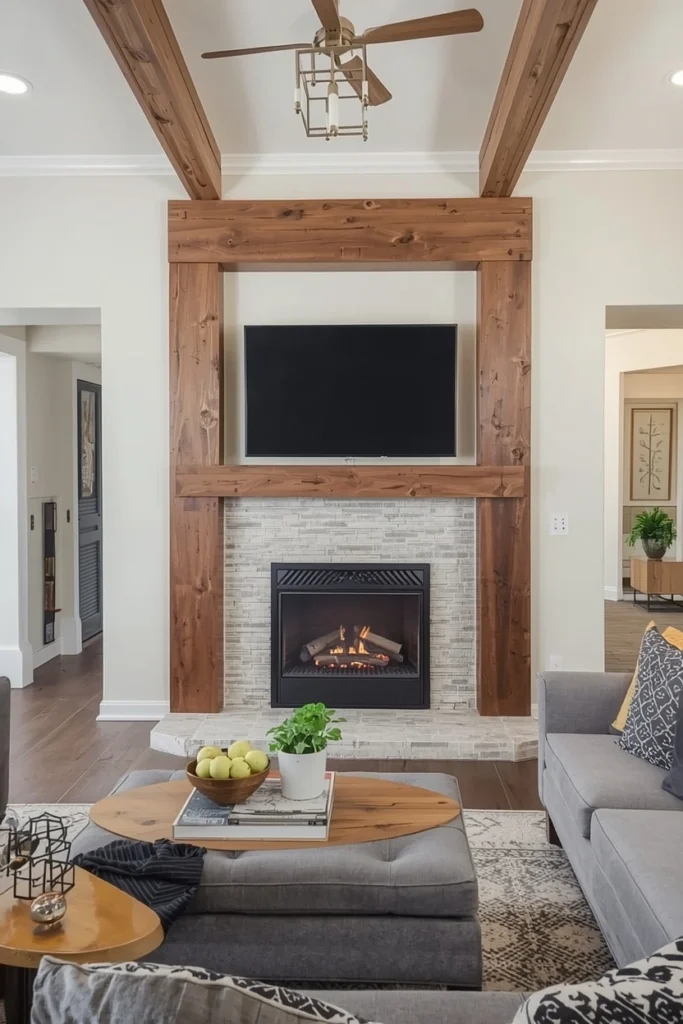 Living Room Beam Frame Around Fireplace