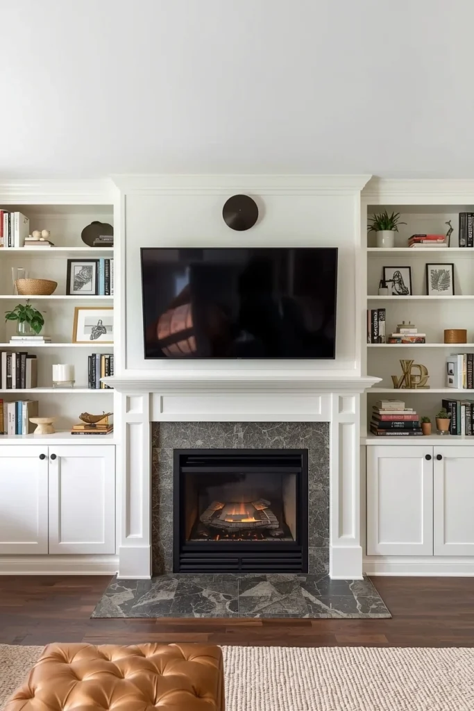 Built-In Shelves Around a Fireplace
