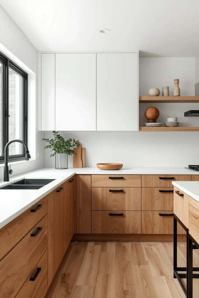 Natural Wood Base Cabinets with White Uppers