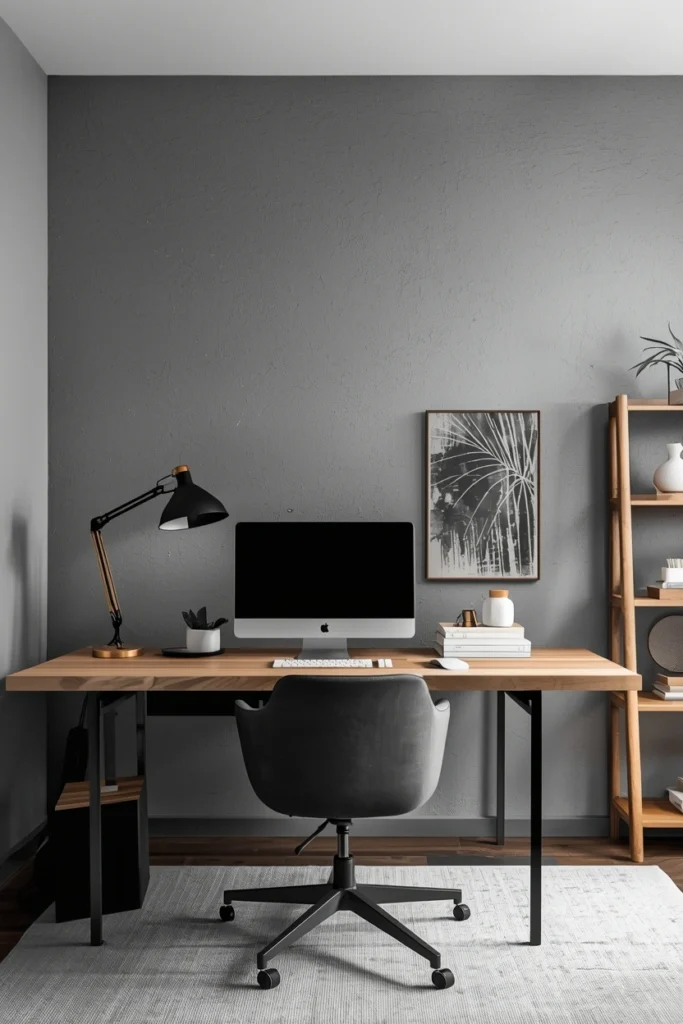 Gray Limewash Home Office Feature Wall