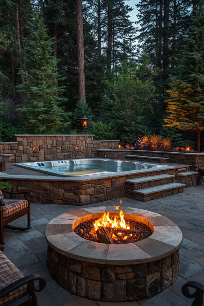 Rustic Stone Jacuzzi with Fire Pit