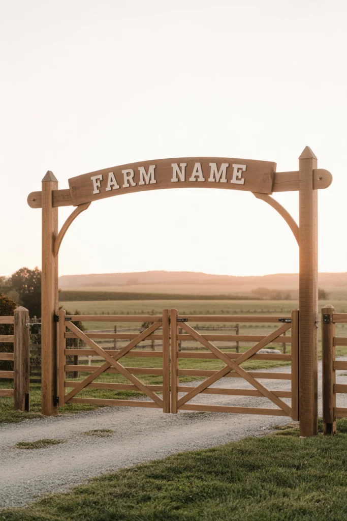Farm Gate With Overhead Wooden Arch Sign