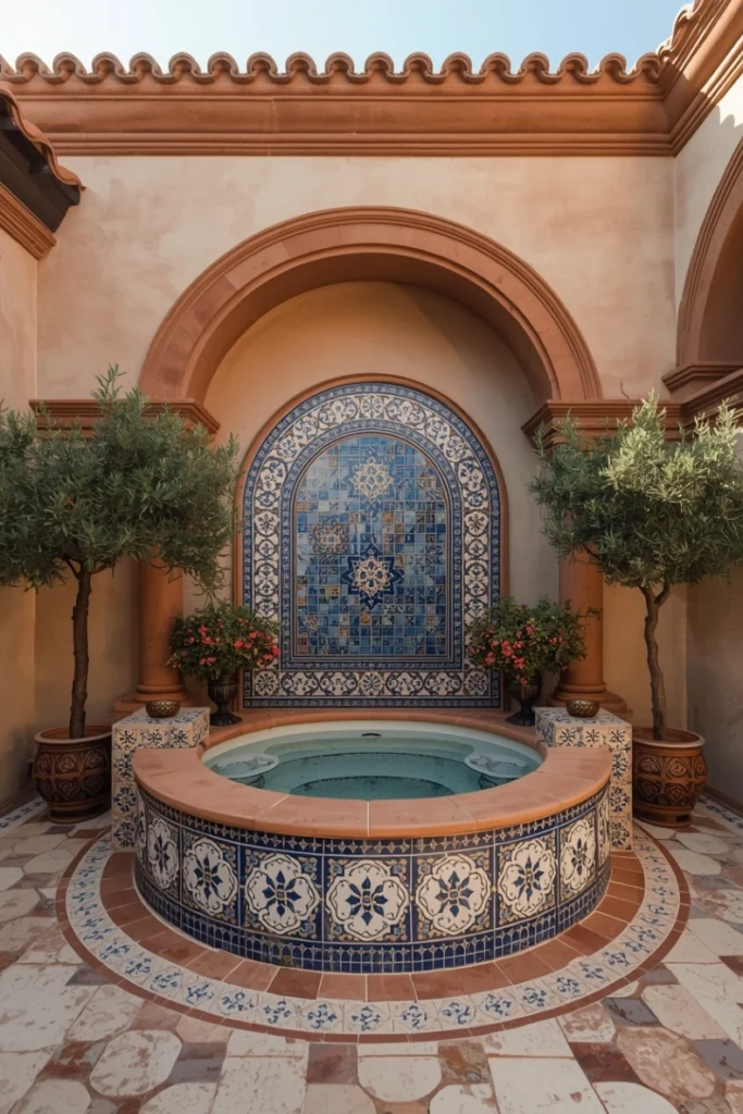 Mediterranean-Inspired Tiled Jacuzzi