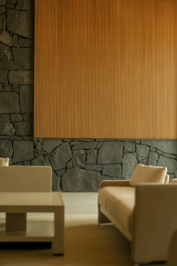 Wood Slat Accent Wall with Stone Base