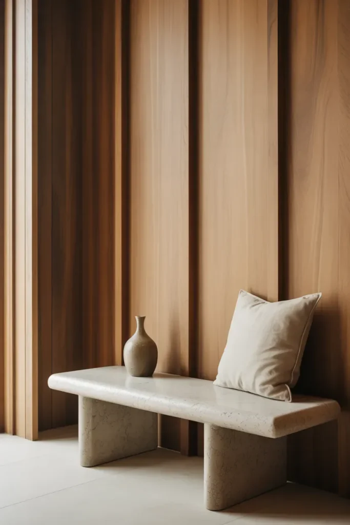Minimalist Entryway with Stone Bench and Wood Paneling