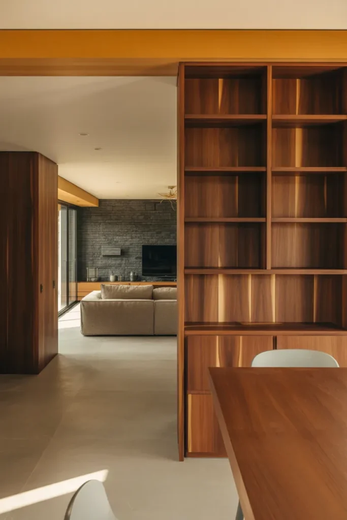 Open Concept Living with Wood and Stone Zoning