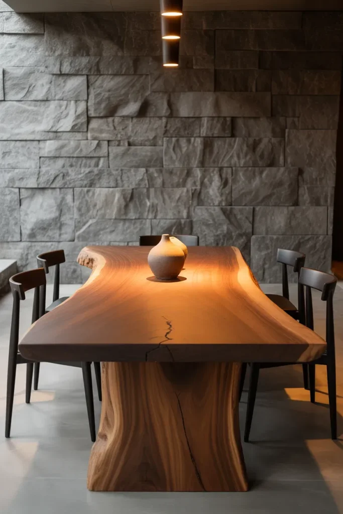 Wood and Stone Dining Area with Statement Table