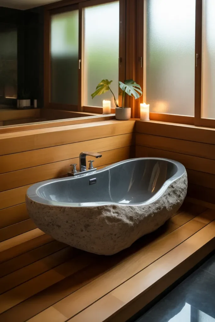 Stone Bathroom Tub with Wooden Surround