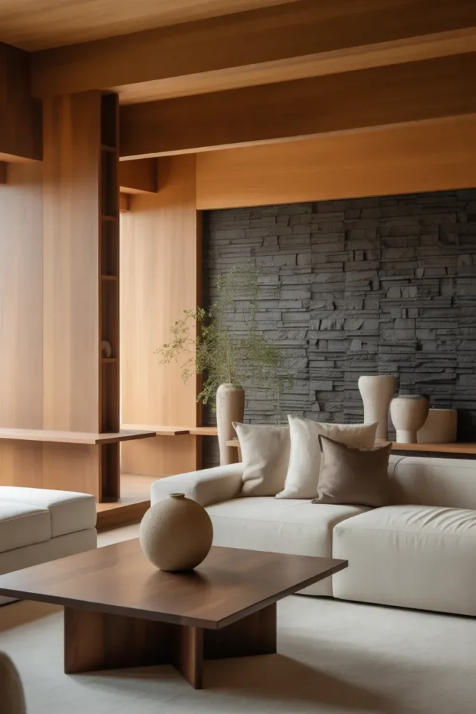 Living Room with Mixed Wood Tones and Stone Accents