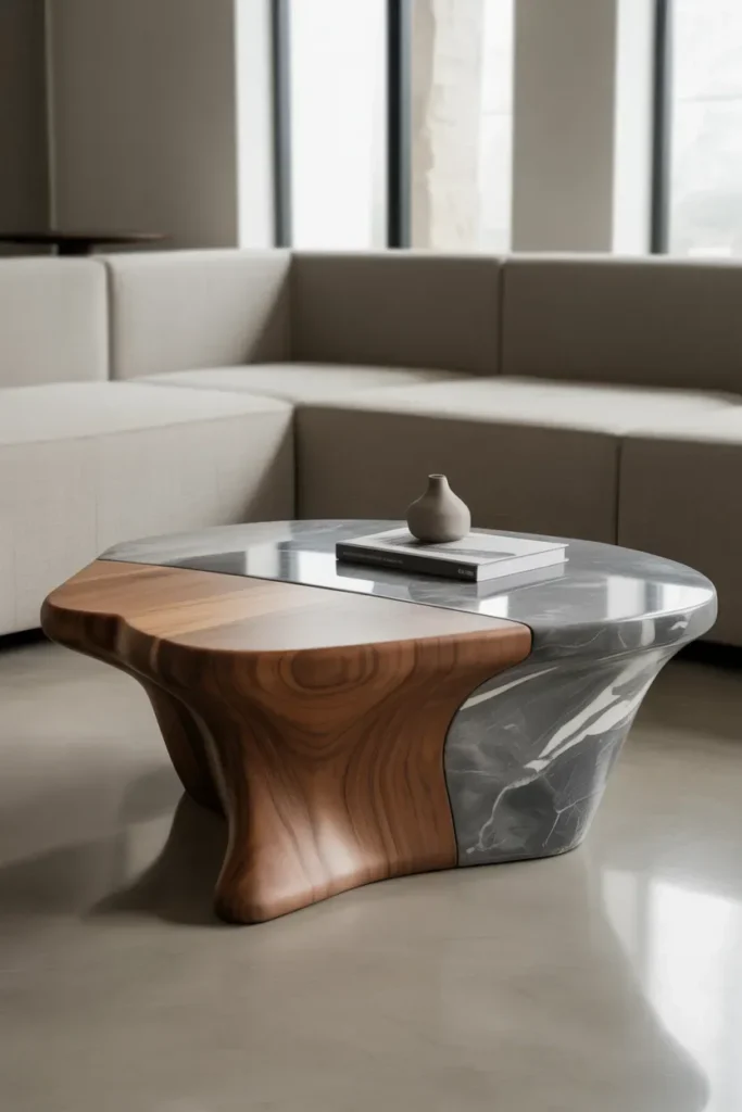 Sculptural Coffee Table with Wood and Stone Combination