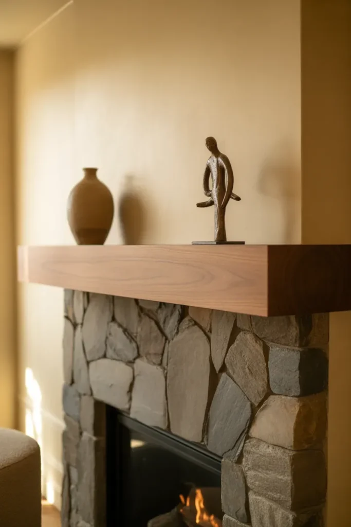 Stone Fireplace with Floating Wood Mantel