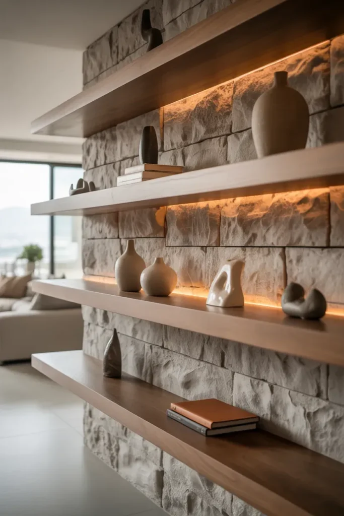 Stone Feature Wall with Built-In Wood Shelving