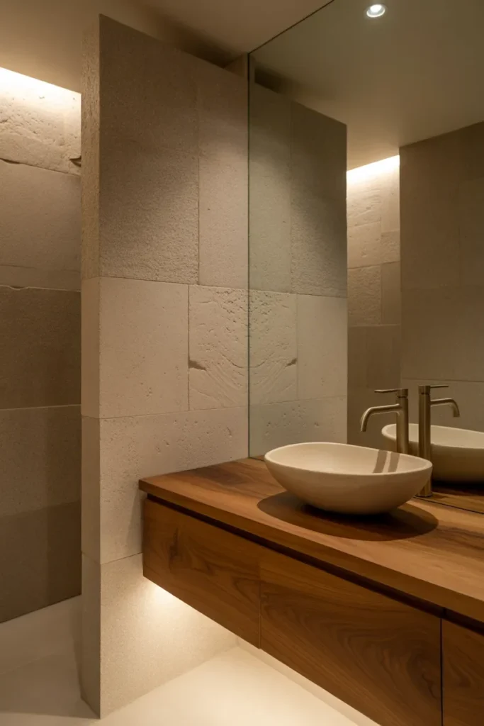 Bathroom with Stone Walls and Wooden Vanity