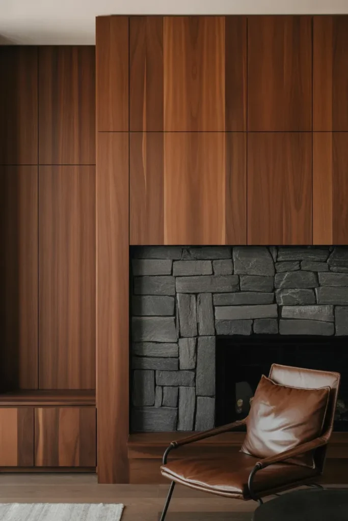 Wood Paneling with Stone Fireplace Niche