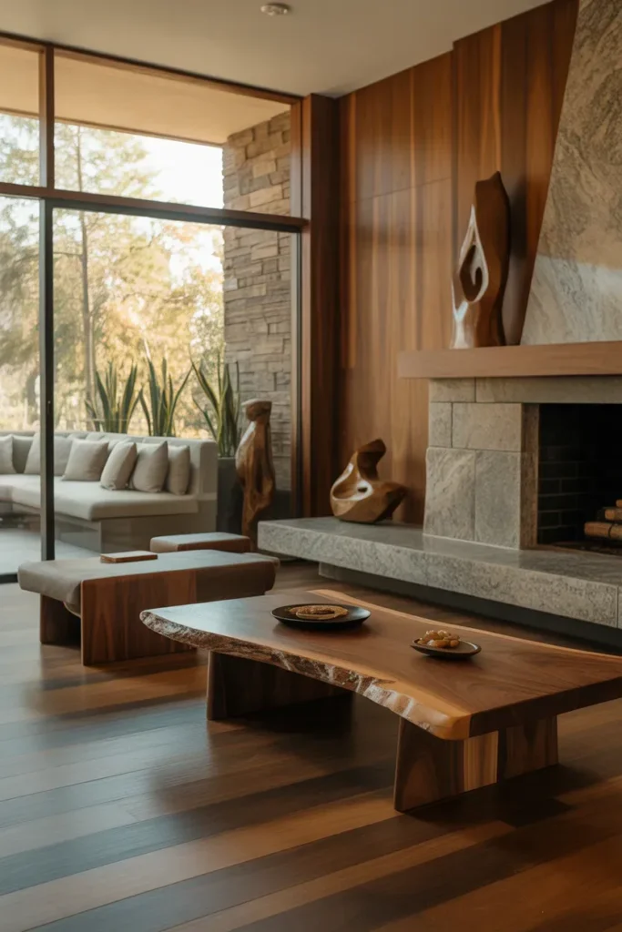 Outdoor-Inspired Living Room with Wood and Stone