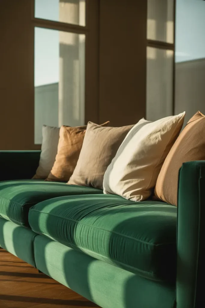 Velvet Sofas Paired with Linen Cushions