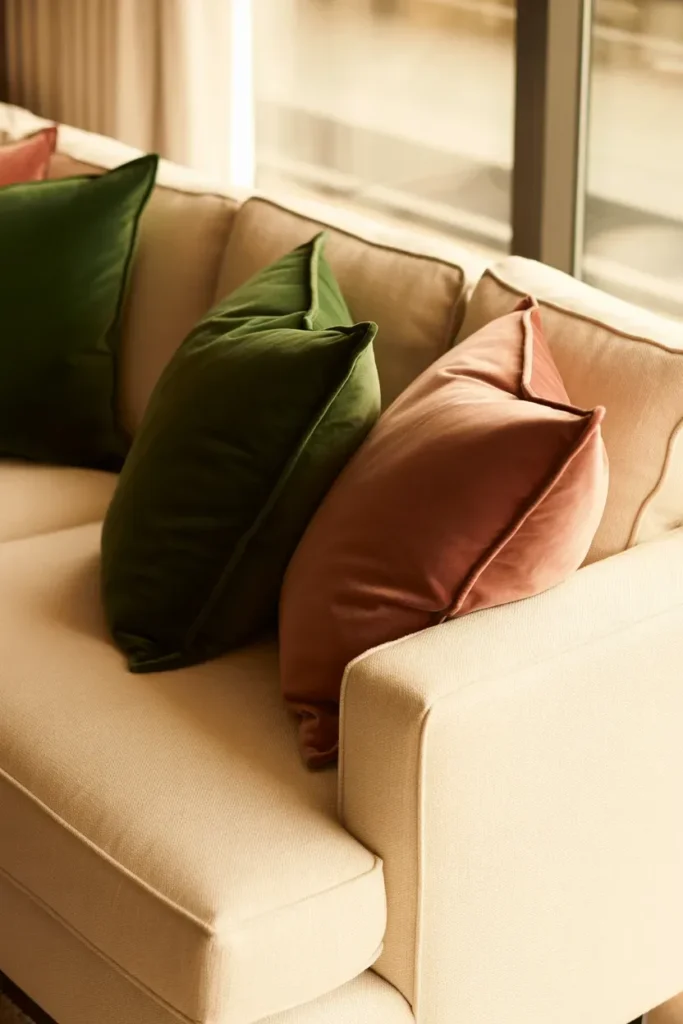 Linen Sofas with Velvet Accent Pillows