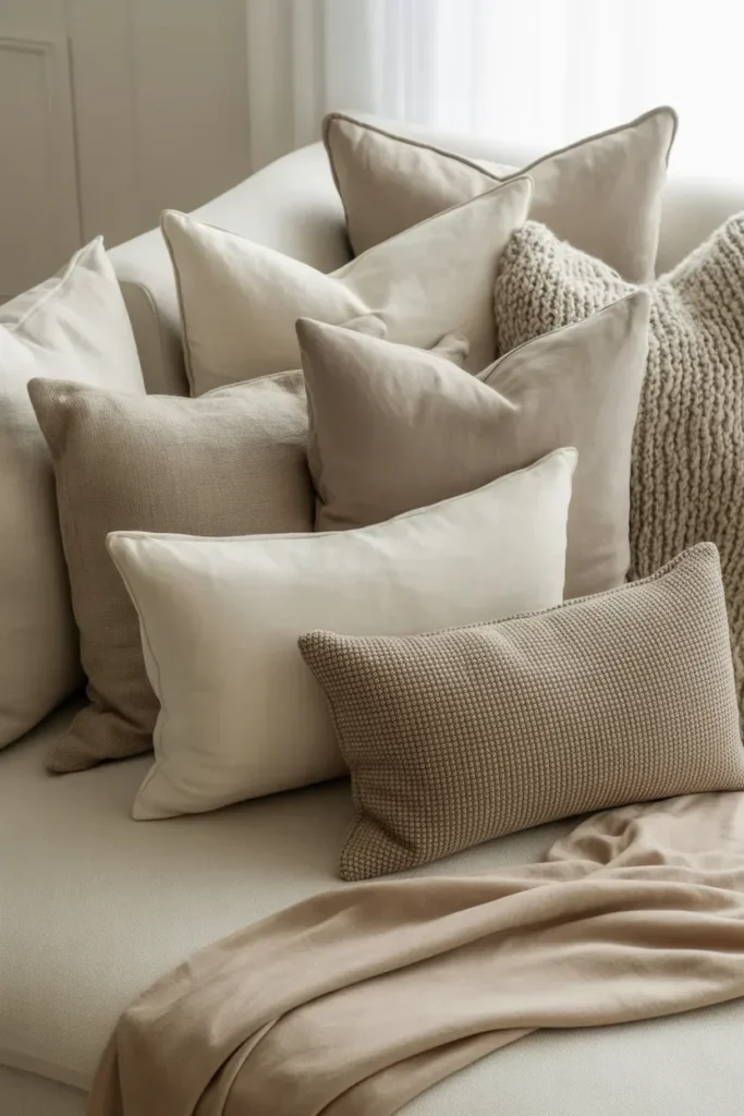 Layered Throw Pillows and Blankets