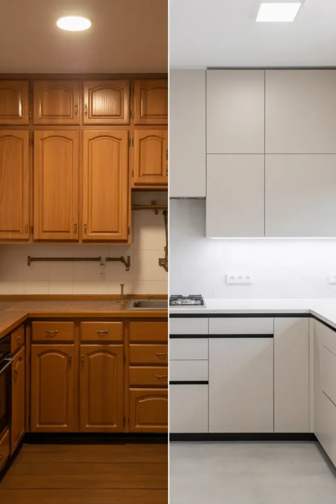 Outdated Oak Cabinets to Modern Minimalist Style