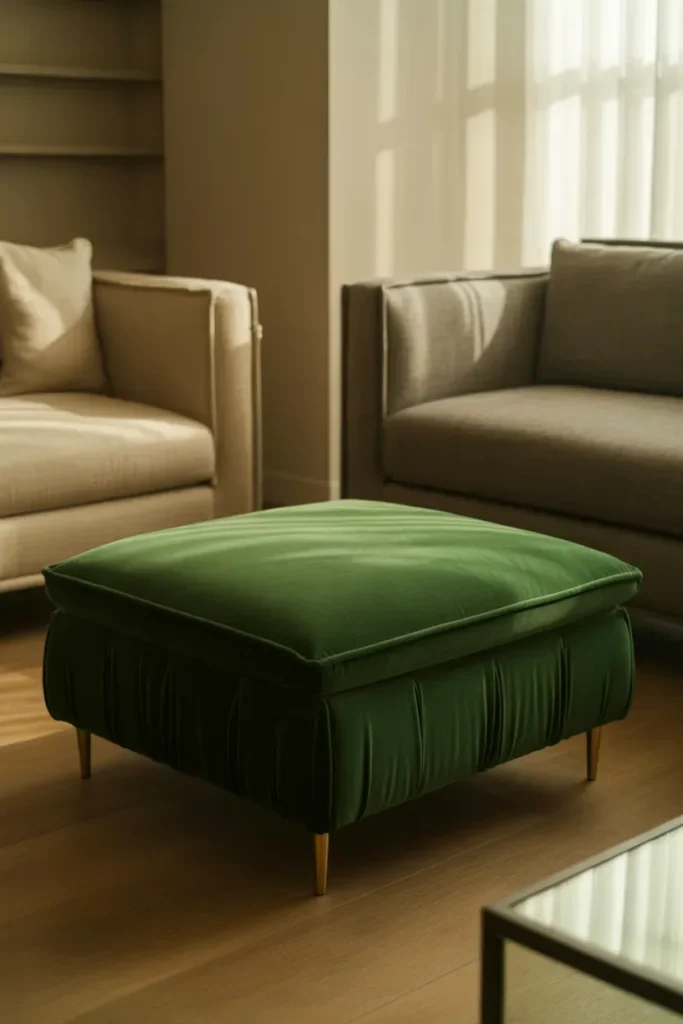 Velvet Ottomans with Linen Upholstery Accents
