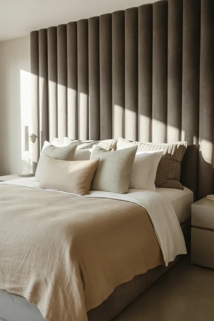 Velvet Headboards with Linen Bedding Layers