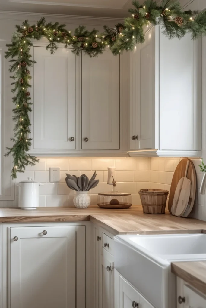 Decorate Kitchen Cabinets With Christmas Greenery